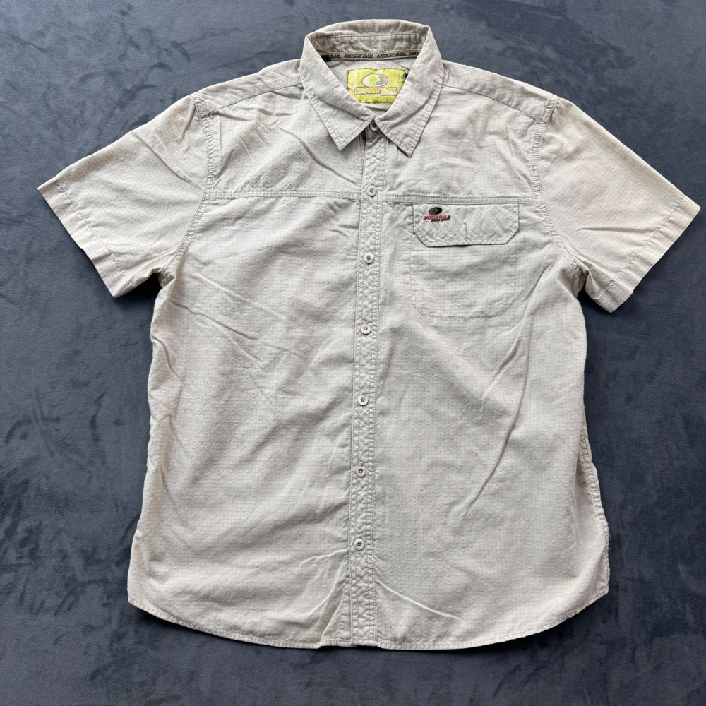 Mossy Oak Mens Large Tan Ripstop Short Sleeve Button Down Fishing Hiking Shirt